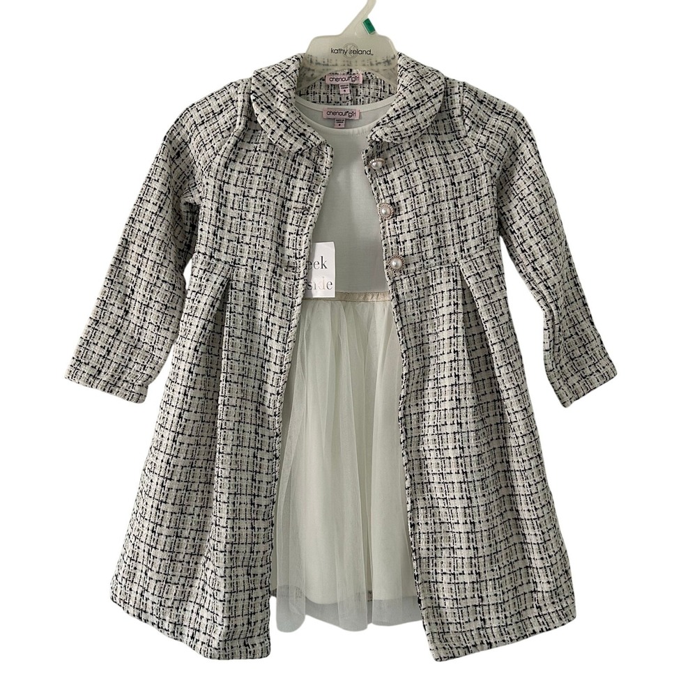 Chenault Girl Girl's Three Button Tweed Long Pea Coat and Tulle Dress Set 6 New